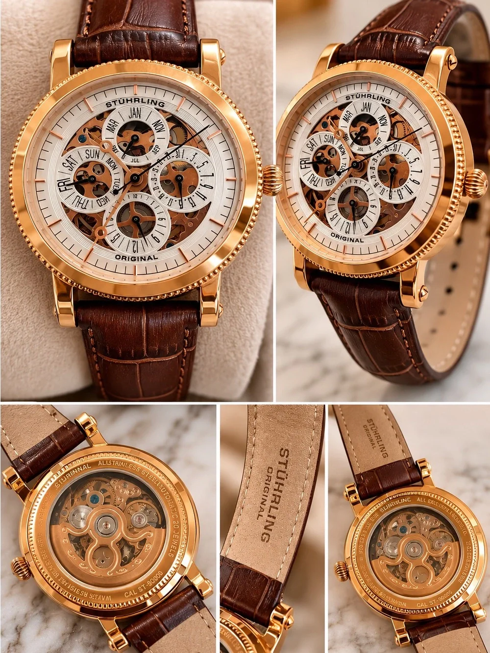 Stuhrling Original Rose Gold Tone Dial Skeleton Watch with Brown Leather Strap